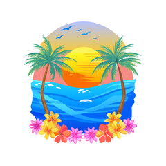 Fototapeta premium Tropical Sunset Palm Tree T-Shirt Design – Bold Ocean Sunset with Palm Trees, Colorful Waves, Bright Tropical Flowers, Vibrant Beach Art on White Background