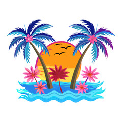 Tropical Sunset Palm Tree T-Shirt Design – Bold Ocean Sunset with Palm Trees, Colorful Waves, Bright Tropical Flowers, Vibrant Beach Art on White Background

