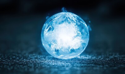 Radiant sphere of light emitting a glowing blue aura on textured surface
