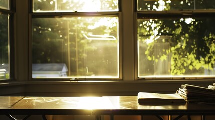 Sunlight Streaming Through Classroom Window onto Empty Wooden Desk, Warm Sunbeam Illumination in School Interior with Dust Particles and Bokeh Effect, Peaceful Learning Atmosphere