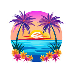 Tropical Sunset Palm Tree T-Shirt Design – Bold Ocean Sunset with Palm Trees, Colorful Waves, Bright Tropical Flowers, Vibrant Beach Art on White Background

