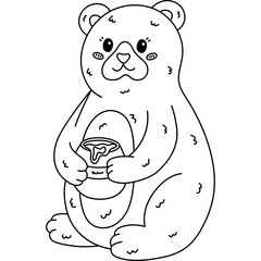 Lovely outline sitting bear with honey pot with dripping syrup. Joyful hand drawn wild animal character who love sweets. Cheerful teddy bear doodle holding honey jar isolated on white background.