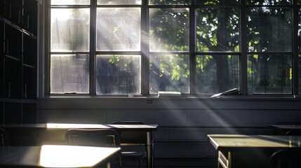 Sunlight Streaming Through Classroom Window onto Empty Wooden Desk, Warm Sunbeam Illumination in School Interior with Dust Particles and Bokeh Effect, Peaceful Learning Atmosphere
