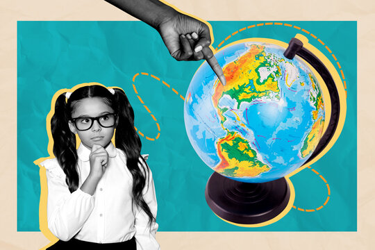 Exclusive artwork banner creative collage of happy small schoolgirl stand globe geography subject education hand point map - Powered by Adobe