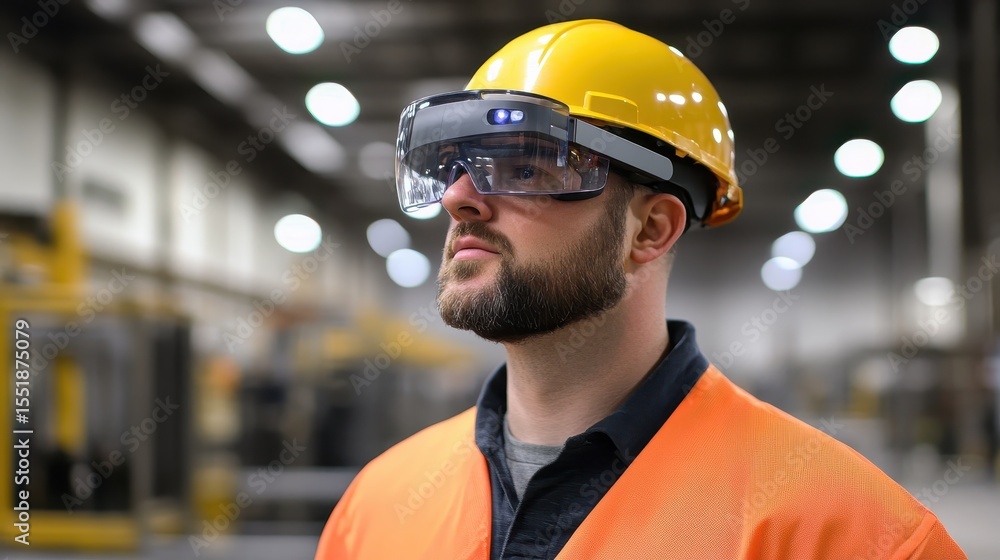 Aufkleber worker using augmented reality glasses in a modern factory setting
