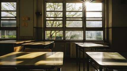 Sunlight Streaming Through Classroom Window onto Empty Wooden Desk, Warm Sunbeam Illumination in School Interior with Dust Particles and Bokeh Effect, Peaceful Learning Atmosphere