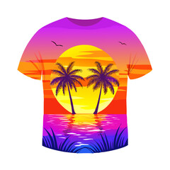 Tropical Sunset Palm Tree T-Shirt Design – Bold Ocean Sunset with Palm Trees, Colorful Waves, Bright Tropical Flowers, Vibrant Beach Art on White Background

