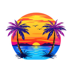 Tropical Sunset Palm Tree T-Shirt Design – Bold Ocean Sunset with Palm Trees, Colorful Waves, Bright Tropical Flowers, Vibrant Beach Art on White Background

