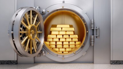 Open Bank Vault Door Revealing Stacks of Gold Bars in a Secure Metallic Environment
