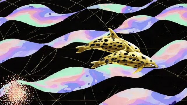 Abstract art pattern with golden dolphins on waves for unique and creative projects