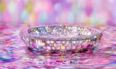 Reflective mosaic glass bowl on shimmering surface with festive soft lights