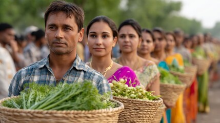 People Waiting In Queue At Farmers Market Holding Baskets Of Fresh Vegetables
