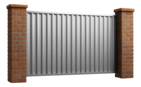 Corrugated metal fence with brick pillars for a residential villa, blending traditional materials with modern metal sheeting.
