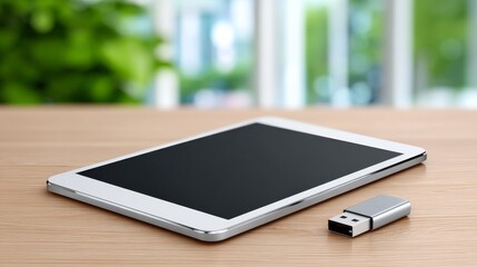 Fototapeta premium USB Flash Drive Connected to a Tablet on a Clean Wooden Desk with Blurred Green Background