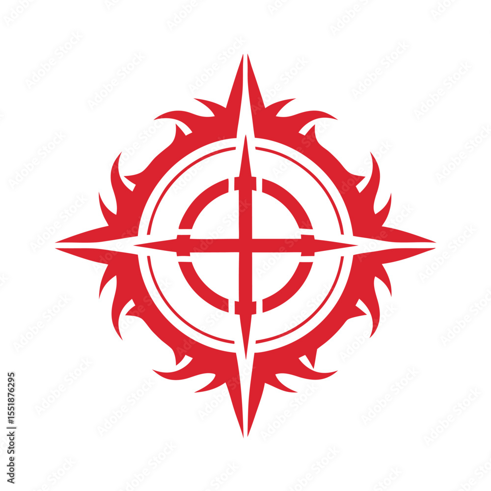 Poster red stylized compass rose with sharp points on a white background direction navigation