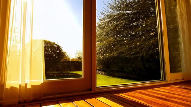 Soft sunlight streaming through open glass door, white curtains billowing, glimpsing verdant garden beyond delicate fabric