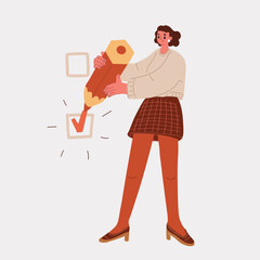 Cartoon vector illustration of a woman ticking a giant checkbox, symbolizing decision-making and personal achievement