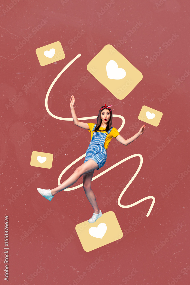 Poster abstract template collage of person moving with many like reaction on red background