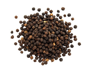 Aromatic cascade of black peppercorns forming a natural pyramid on transparent background