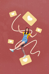 Abstract template collage of person moving with many like reaction on red background