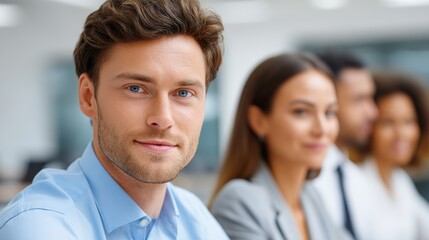 Fototapeta premium Young Business Professional in Blue Shirt at Meeting with Team of Finance Experts in Modern Workspace