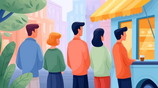 Young Adults Queuing At A Vibrant Street Food Truck In A Colorful Urban Setting