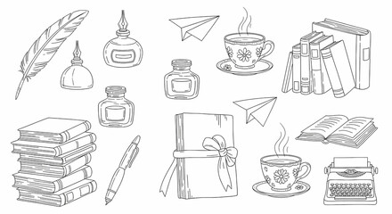 Fototapeta premium Set of hand drawn whimsical illustrations of writing tools and literary references. Doodle drawings of quill pens, inkwells, stacks of books, teacups, paper planes, and tiny typewriters.