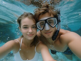 Young couple enjoying underwater adventure, smiling while taking a selfie with snorkeling gear, surrounded by vibrant marine life and clear blue water, capturing joyful moments of exploration