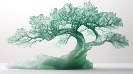 Intricate glass sculpture of a bonsai tree, light green, detailed branches and trunk, set against a white background.