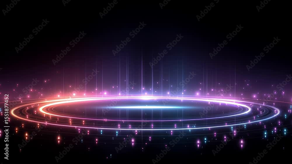 Poster futuristic glowing neon rings and vertical light beams on a dark background, creating a sci-fi digit