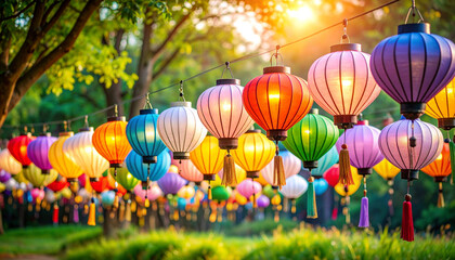 Colorful paper lanterns hanging outdoors during summer festival with sunlight shining through green trees and grass, creating warm and festive atmosphere