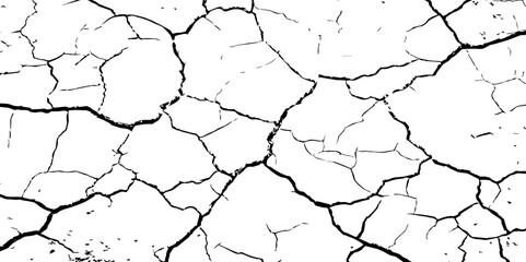 A high-contrast black and white texture depicting dry, cracked earth. The fragmented surface forms an organic mosaic of irregular shapes, with sharp, dark lines outlining each segment.