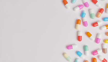 Colorful capsule pill medicine health care concept with soft matte finish scattered on white background with clean space on left for text or design