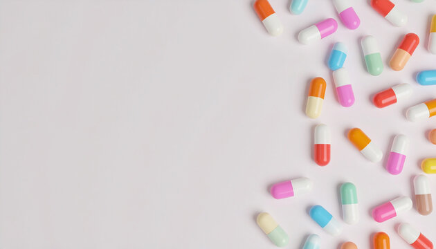 Colorful capsule pill medicine health care concept with soft matte finish scattered on white background with clean space on left for text or design