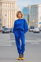 A young woman stands confidently in the middle of a city street, wearing a vibrant blue tracksuit sports suit mockup and stylish sneakers. The urban backdrop features modern buildings and a clear sky.