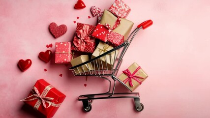 Miniature shopping cart overflowing with valentine's day gifts and hearts creates a romantic shopping scene