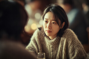 Young woman in a sweater looking thoughtful in a warm, indoor setting, engaged in a conversation.