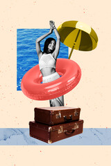 3d image vertical artwork collage of happy sexy girl dance lifebuoy suitcase supplies umbrella...