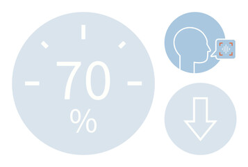 Large percentage icon alongside head silhouette with sound visualization and downward arrow emblem. Ideal for technology, progress tracking, efficiency, innovation, audio analysis, data download. A