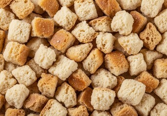 Golden Crispy Bread Cubes Texture. Abundant baked rusks create a delightful crunchy food backdrop, ideal for culinary concepts and savory presentations.