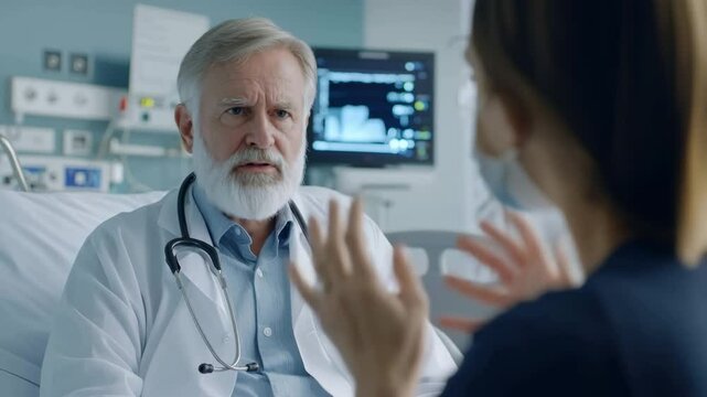  Experienced doctor wearing lab coat with stethoscope is speaking with patient in hospital room