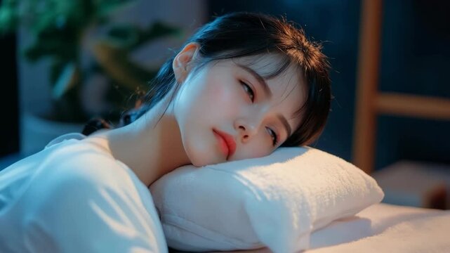 Asian woman enjoying a restful sleep on a comfortable pillow in a dimly lit bedroom, embracing the tranquility of the night - Powered by Adobe