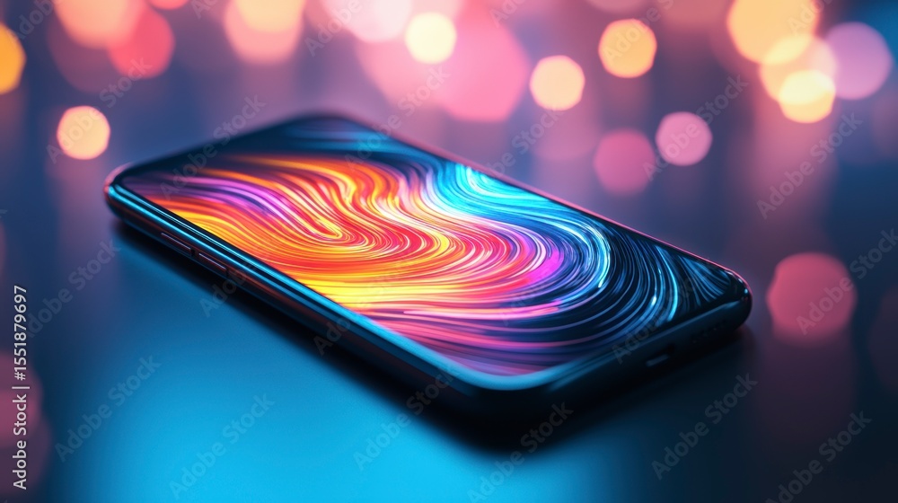 Poster vibrant abstract swirls displayed on a modern smartphone screen, resting on a reflective surface wit