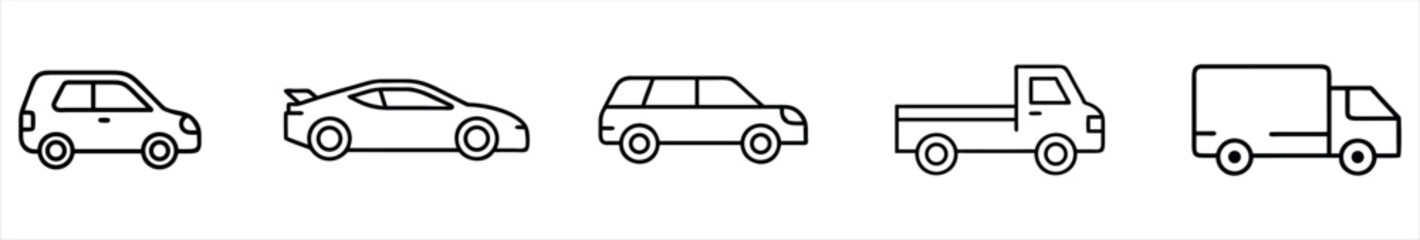 Set of 5 Vehicle Icons – Black Outline Sports Car, Compact Car, Station Wagon, Pickup Truck, and Delivery Van Symbols for Transportation, 