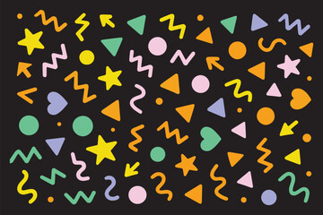 Modern basic shapes set: star, arrow, triangle, circle, heart, zigzag, spiral, wavy lines. Trendy Memphis geometric pattern. Cool abstract background in retro 80s, 90s style. Cute kid doodle design
