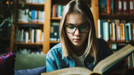 Teenage girl wearing glasses concentrated reading book in library with bookshelves background, education concept featuring natural lighting and quiet study atmosphere, shallow depth of field