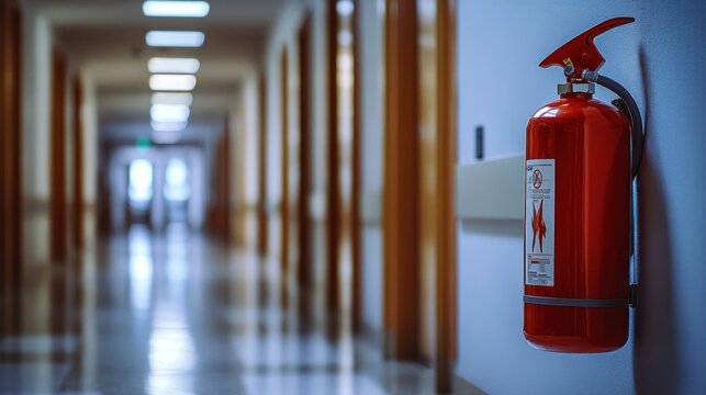 Hospital corridor with fire extinguisher