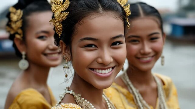 Group of young Thai women in golden traditional dresses smiling at the camera, hair elegantly styled with gold accessories, blurred river or sea in the background.


