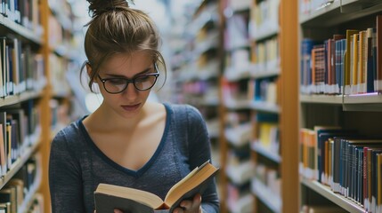 Teenage girl wearing glasses concentrated reading book in library with bookshelves background, education concept featuring natural lighting and quiet study atmosphere, shallow depth of field