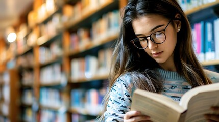 Teenage girl wearing glasses concentrated reading book in library with bookshelves background, education concept featuring natural lighting and quiet study atmosphere, shallow depth of field